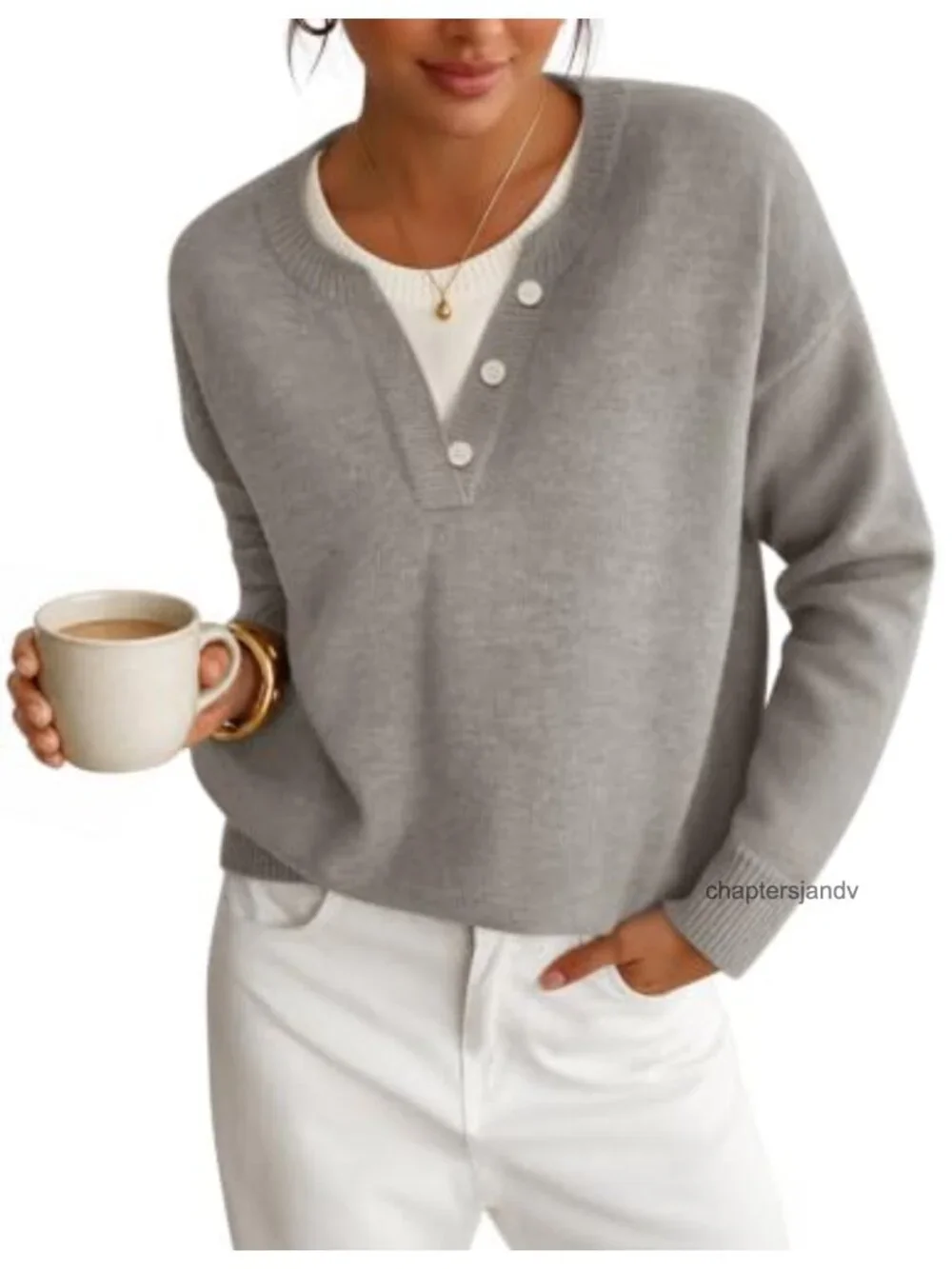 Oversized Henley Neck Pullover Sweater Faux Layered Knit Top